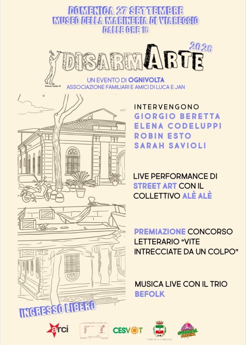 Locandina DisarmArte 2026: domenica 27 settembre dalle ore 16 al Museo della Marineria di Viareggio
